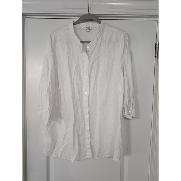 Marina Luna Womens 1X White Linen Blend Button Down 3/4 Sleeve Shirt lagenlook - Picture 1 of 7